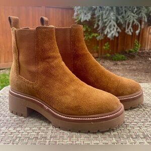 TORY BURCH Chelsea Lug 50mm Platform Ankle Boots Cognac Brown Suede Women Size 6